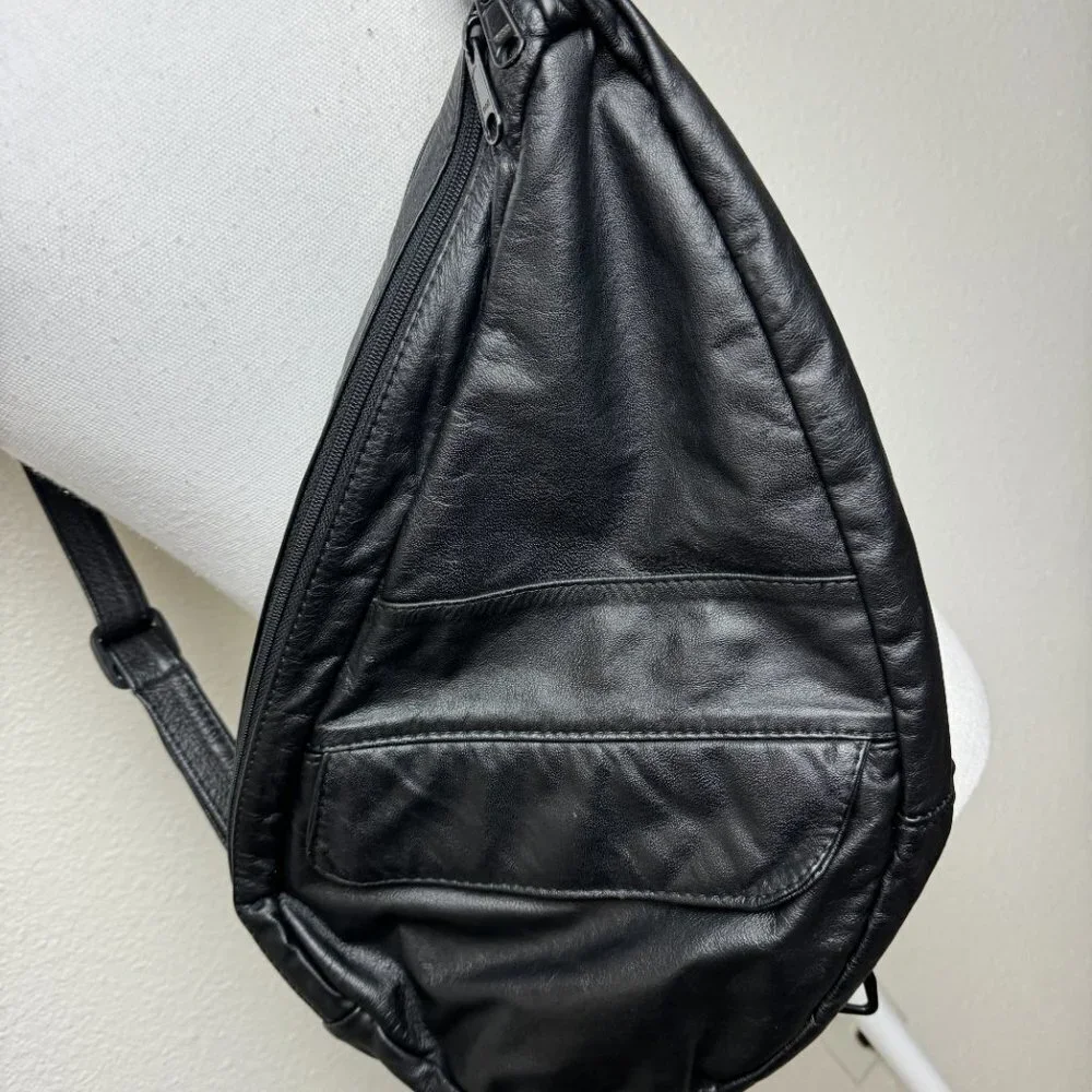 Vintage Black Leather Large Crossbody Sling Bag Organizer  Messenger Travel